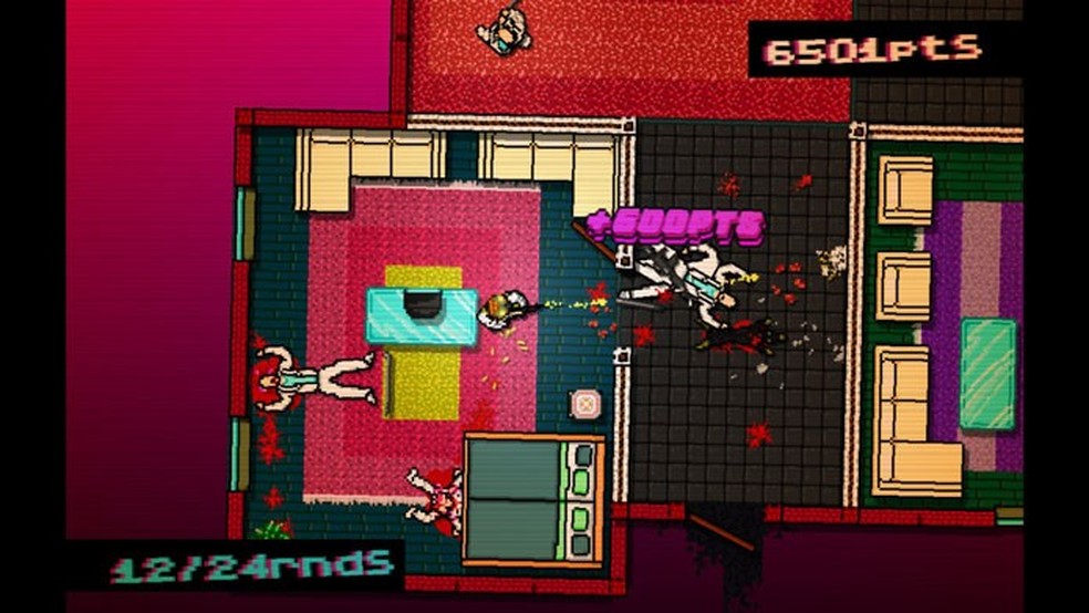 Hotline Miami mostra a ação por uma visão aérea e traz um gameplay violento com muito sangue — Foto: Divulgação/Devolver Digital
