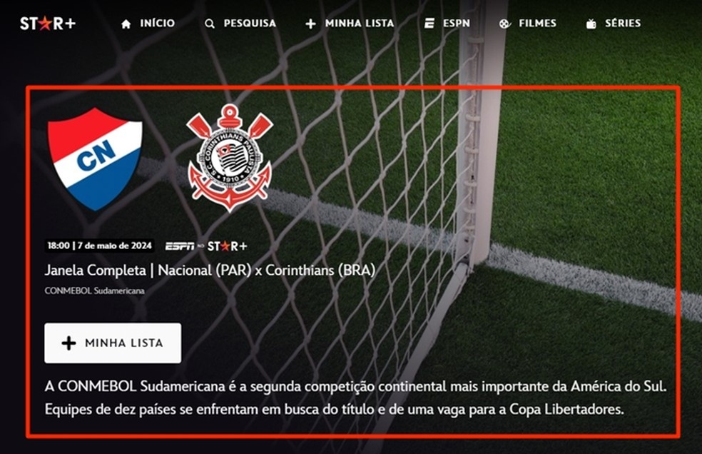 A partir das 19h, o jogo do Corinthians contra o Nacional-PAR é transmitido ao vivo e online para os assinantes do Star+ — Foto: Reprodução/Gabriela Andrade