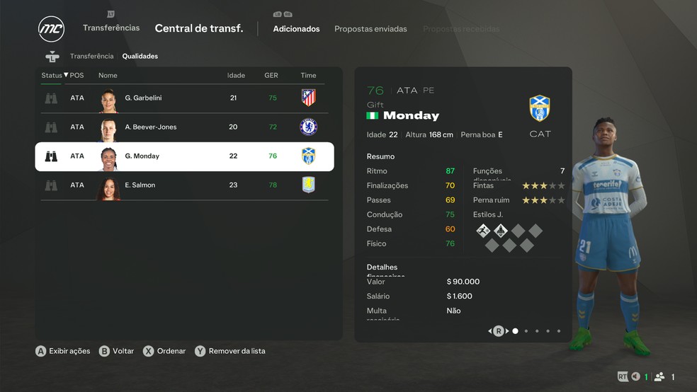 Gift Monday, do Tenerife, no Modo Carreira do EA FC 25 — Foto: Reprodução/Luccas Melo