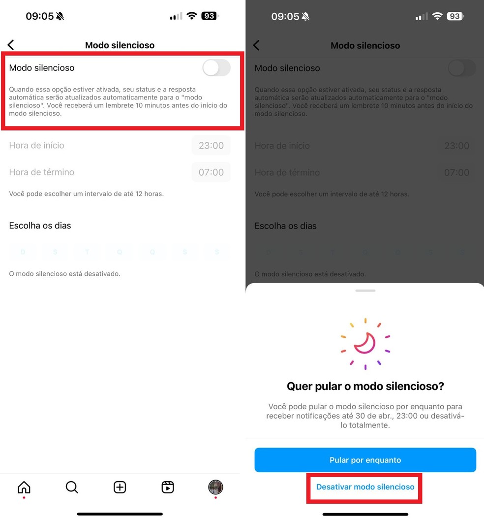 Desative a chave ao lado de "Modo silencioso" para desabilitar o recurso no Instagram — Foto: Reprodução/Clara Fabro