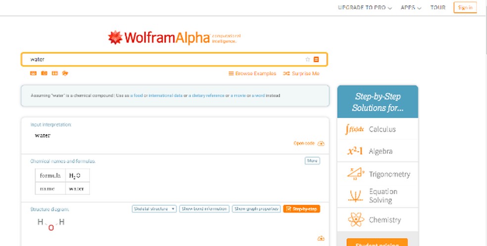 WolframAlpha é um buscador totalmente voltado para resultados matemáticos e científicos — Foto: Reprodução/Daniel Ribeiro