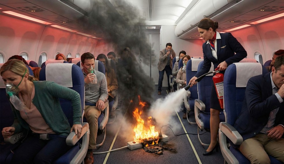 Extensão na tomada do avião? Não pode — Foto: Francisco Paulo/TechTudo