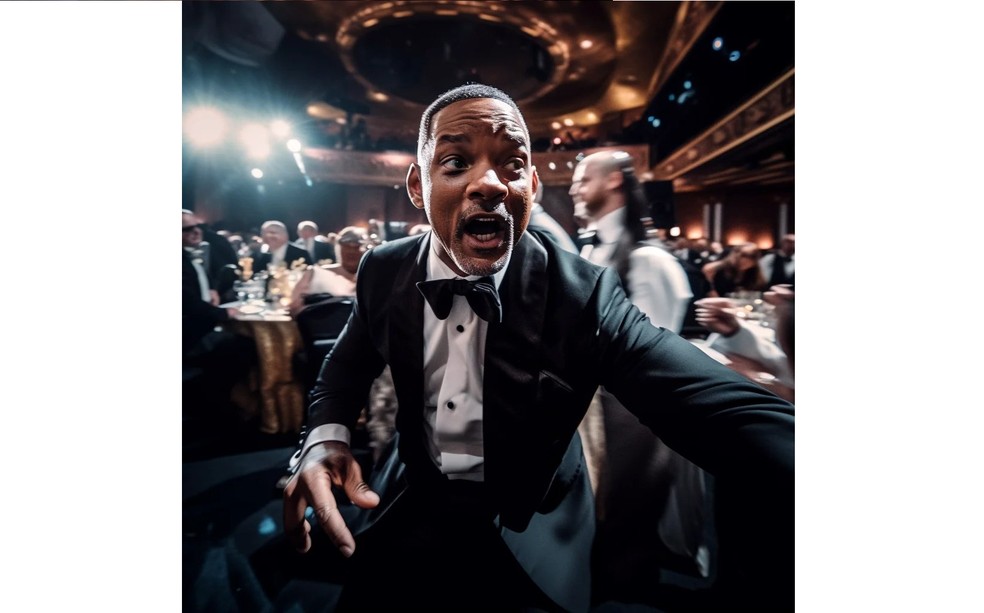 Foto de Will Smith criada por IA recria episódio de briga com Chris Rock no Oscar — Foto: Reprodução/Twitter @heyBarsee
