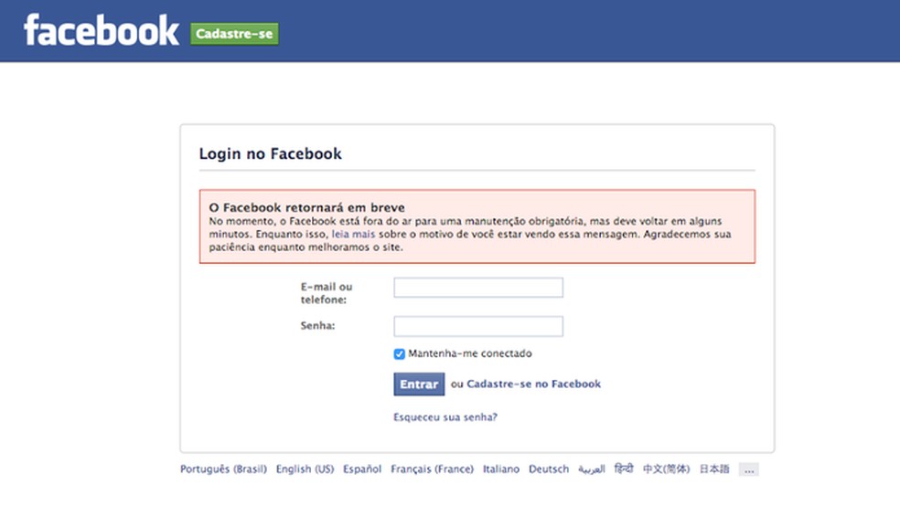 Facebook em manutenção? Rede social explica mensagem no login