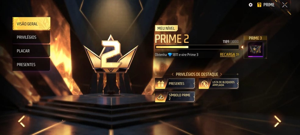 O nível Prime contempla os jogadores que mais investem recursos próprios no Free Fire — Foto: Reprodução/João Ferreira