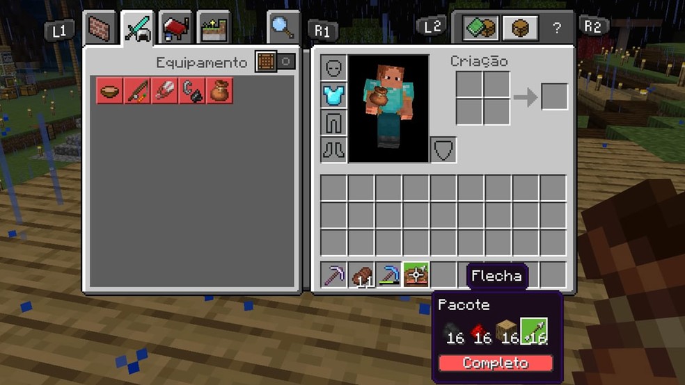 Para remover os itens do Pacote/Bundle em Minecraft o usuário pode usar o analógico direito para selecioná-los — Foto: Reprodução/Rafael Monteiro