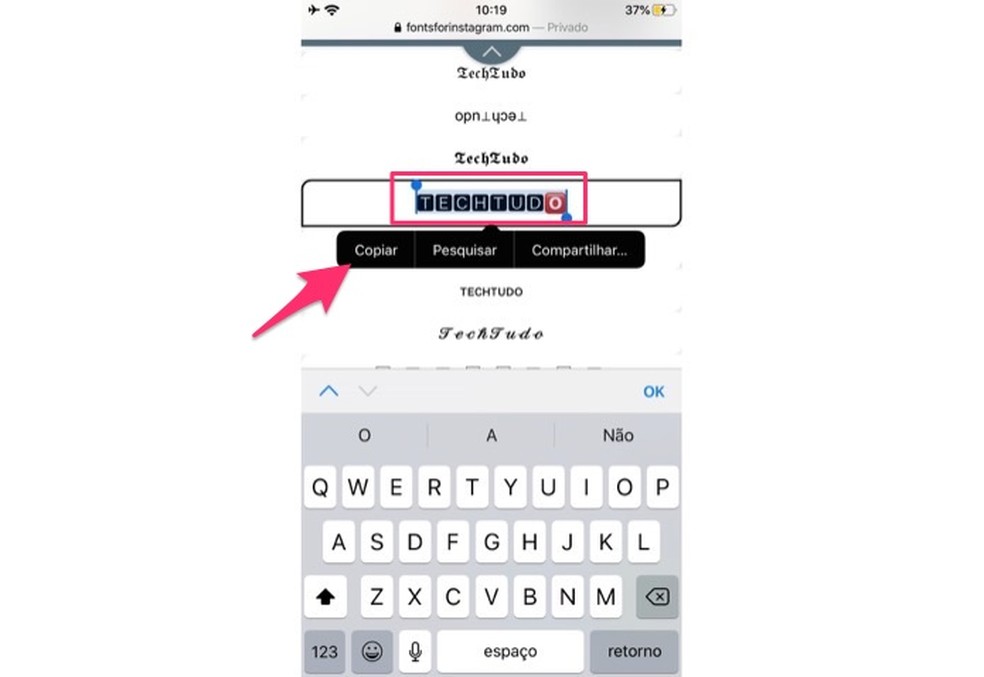 Ação para personalizar e copiar uma frase ou palavra no site Fonts For Instagram — Foto: Reprodução/Marvin Costa