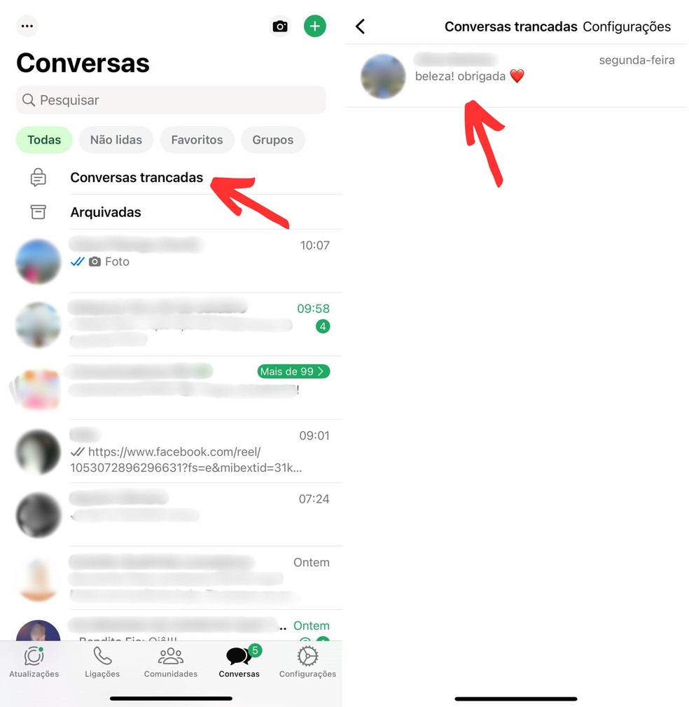 As conversas trancadas no WhatsApp ficam separadas em uma pasta própria, protegida por senha — Foto: Reprodução/Clara Fabro