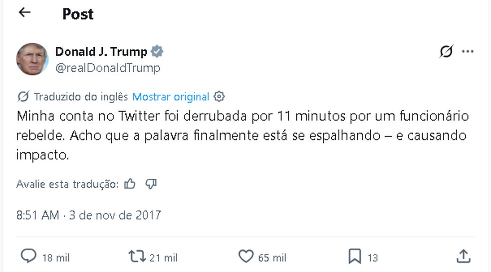 A conta de Donald Trump saiu do ar por 11 minutos após ser desativada por um funcionário em seu último dia — Foto: Reprodução/X