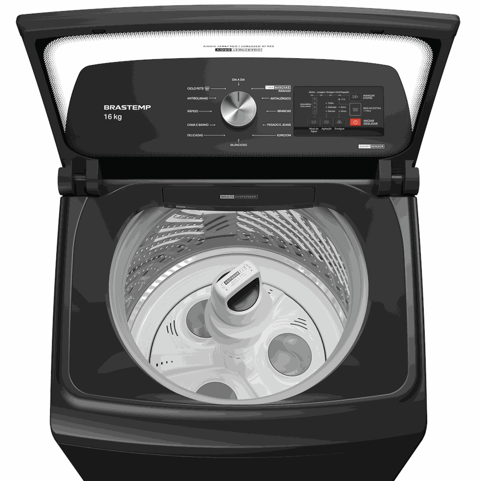 Lavadora Flex Wash 16kg Brastemp na cor cinza platinum possui uma série de recursos inteligentes — Foto: Brastemp/Divulgação
