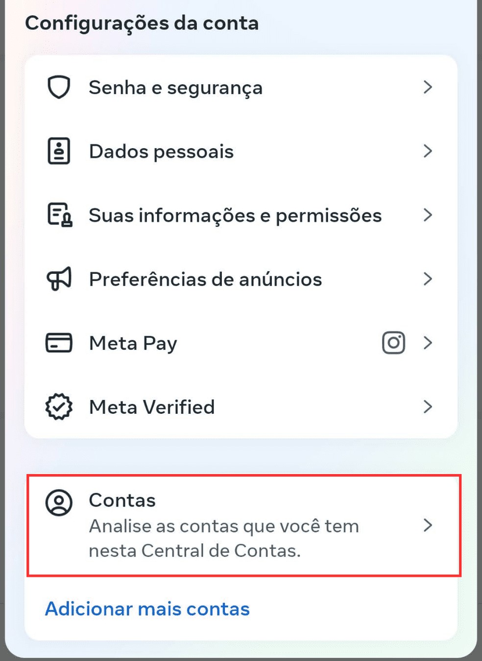 Vá em "Contas" na Central de Contas para desconectar o Instagram do Facebook — Foto: Reprodução/Bruno Guerra