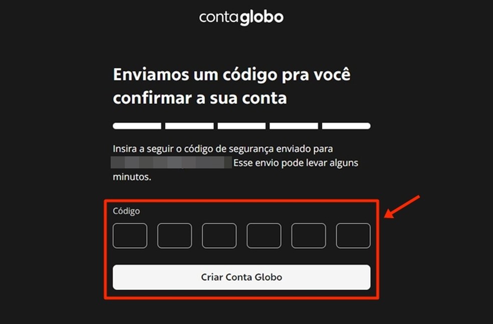 Insira o código enviado para concluir a Conta Globo e rever o BBB de ontem completo online e de graça — Foto: Reprodução/Gabriela Andrade