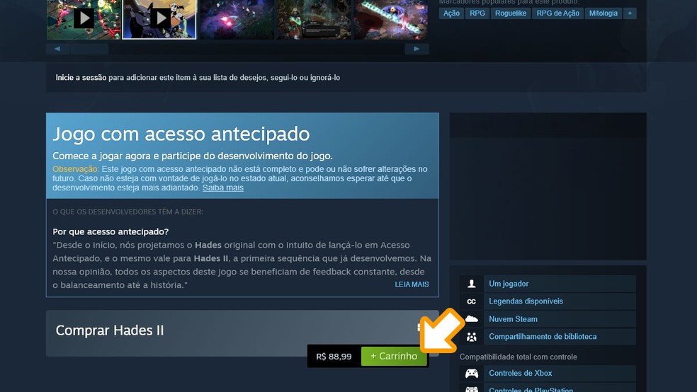 Na página de Hades 2 no Steam clique em "+ Carrinho" e finalize a compra para poder baixar o jogo — Foto: Reprodução/Rafael Monteiro