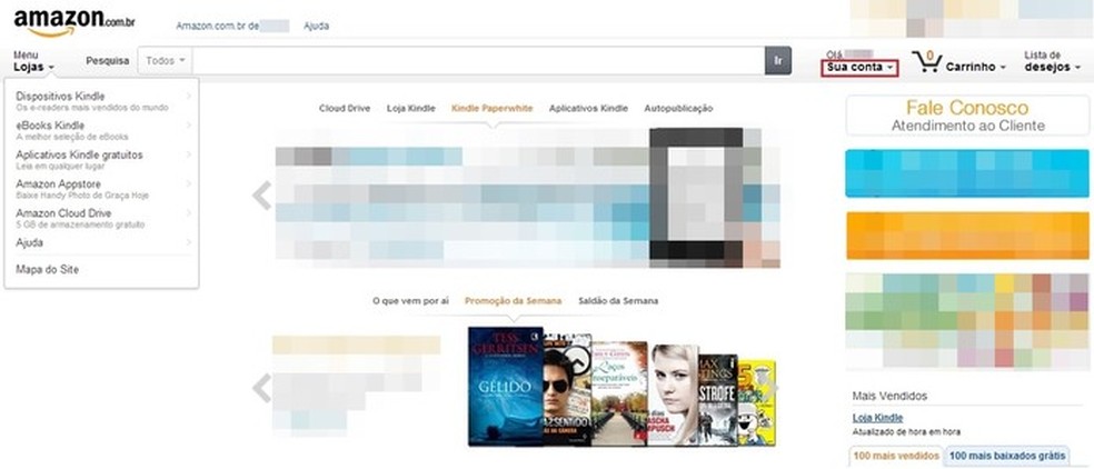 Acesse Sua conta, na parte superior direita da página inicial da Amazon.com (Foto: Reprodução/Paulo Finotti) — Foto: TechTudo