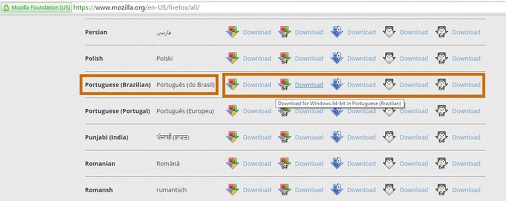 Acesse a página de downloads da Mozilla Firefox e baixe o instalador offline (Foto: Reprodução/Barbara Mannara) — Foto: TechTudo