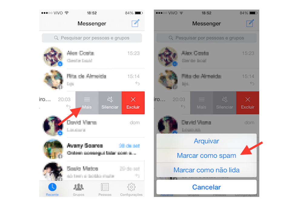 Marcando uma mensagem como spam no Facebook Messenger para iOS (Foto: Reprodução/Marvin Costa) — Foto: TechTudo