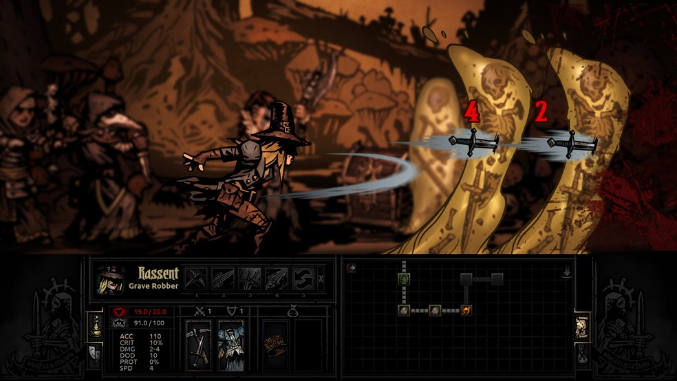 Darkest Dungeon traz mecânicas de RPG por turnos e sobrevivência, pois os personagens do grupo podem enlouquecer e adoecer — Foto: Reprodução/Steam