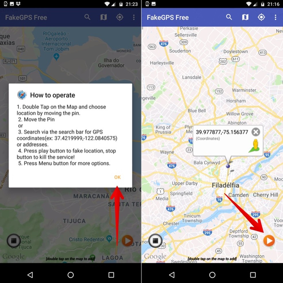 Definindo uma localização falsa para enviar no WhatsApp com o Fake GPS Location Spoofer — Foto: Reprodução/Helito Beggiora