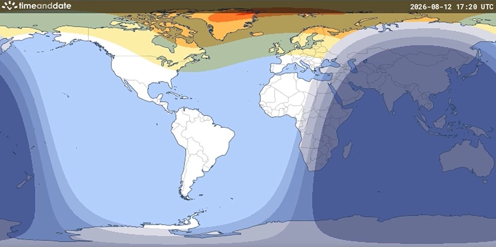 O Brasil ficará fora da faixa de totalidade do eclipse — Foto: Reprodução/Time and Date
