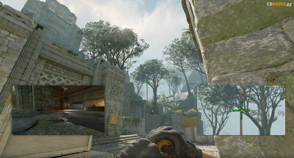 Local exato de mira para lançar a smoke e fechar a Boca do Fundo em Ancient, no Counter-Strike 2 (CS2) — Foto: Reprodução/CSnades.gg