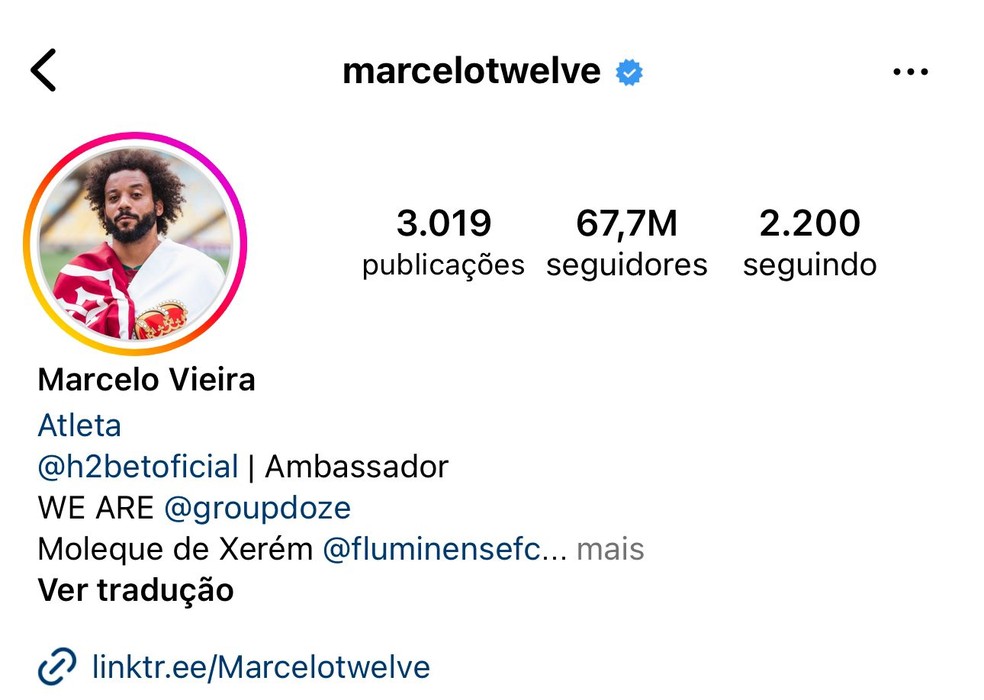 Marcelo ocupa a terceira posição no ranking, com 67,7 milhões de fãs — Foto: Reprodução/Instagram