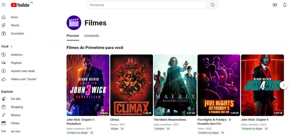 Você também pode assistir aos filmes de John Wick no YouTube Filmes — Foto: Reprodução/Bruno Guerra