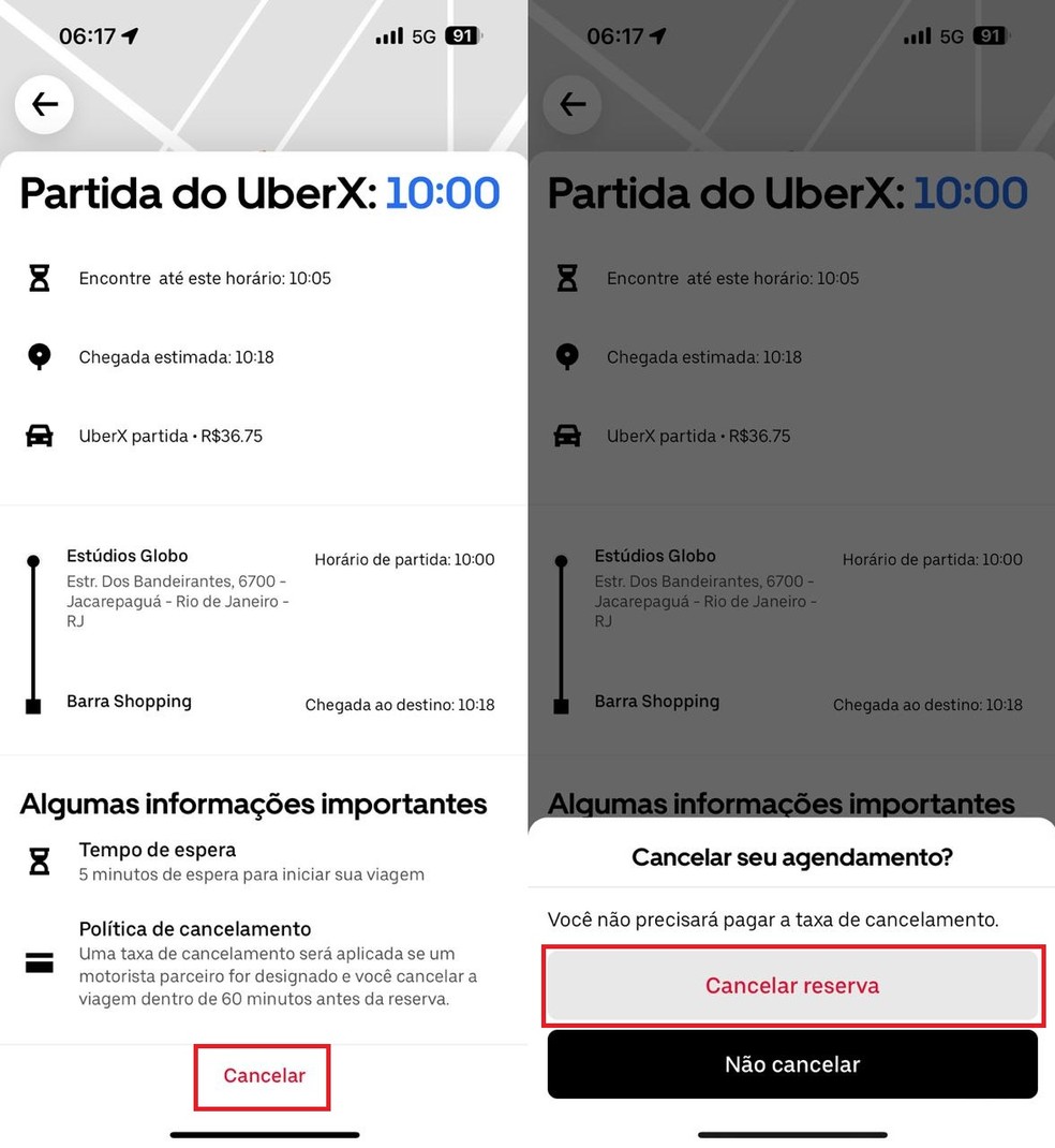 Selecione a corrida agendada e clique em "Cancelar" para desfazer o agendamento — Foto: Reprodução/Clara Fabro