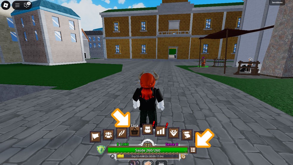 Durante o gameplay de King Legacy em Roblox pressione a tecla M para abrir o menu do jogo ou toque no ícone com 3 pontinhos ao lado de sua barra de saúde. Selecione a opção "Loja" — Foto: Reprodução/Rafael Monteiro