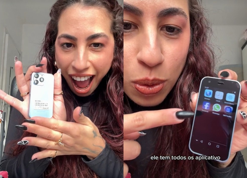 Influenciadora Barbara Marcondes mostra mini iPhone da Shopee — Foto: Reprodução/TikTok