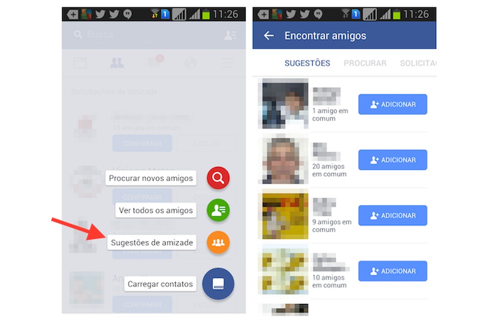Como encontrar sugestões de amizade no Facebook para Android?