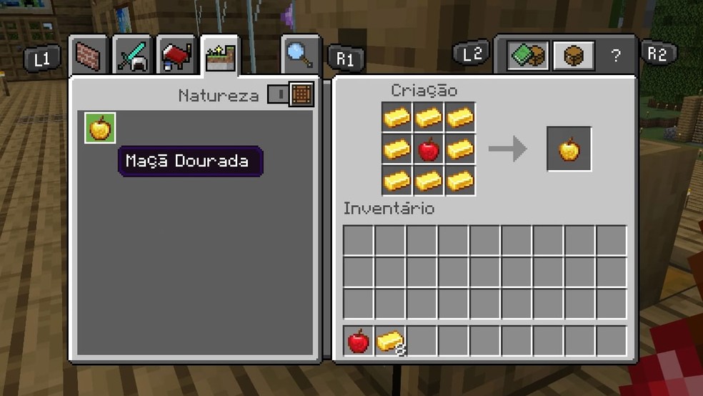 Criar sua própria Maçã Dourada em Minecraft é fácil usando uma Maçã comum e 8 Barras de Ouro — Foto: Reprodução/Rafael Monteiro