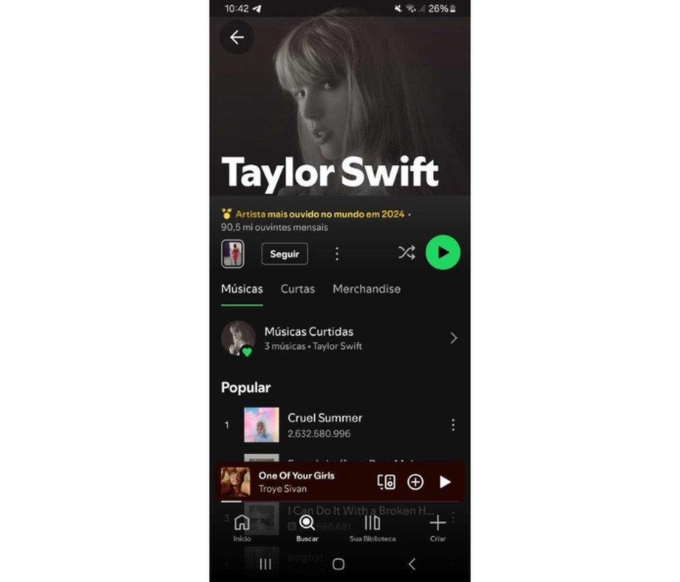 Spotify concede distintivo inédito de Artista Top Global para Taylor Swift em 2024 — Foto: Reprodução/Spotify