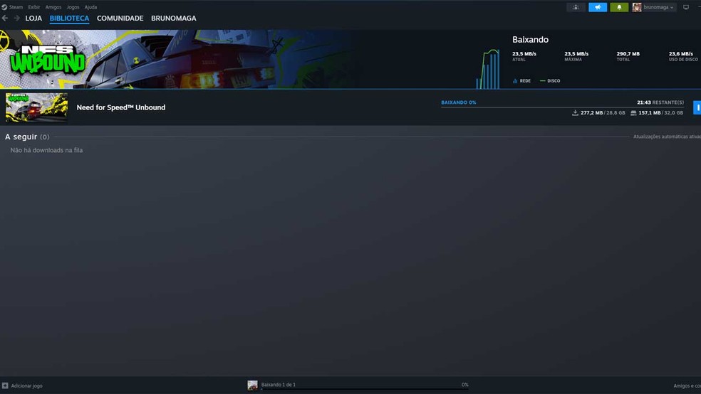 É possível acompanhar o progresso da instalação de Need for Speed Unbound através do Steam — Foto: Reprodução/Bruno Magalhães