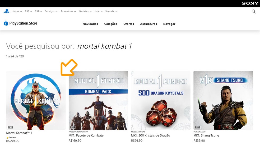 Entre os resultados da PlayStation Store selecione a versão base de Mortal Kombat 1 normalmente — Foto: Reprodução/Rafael Monteiro