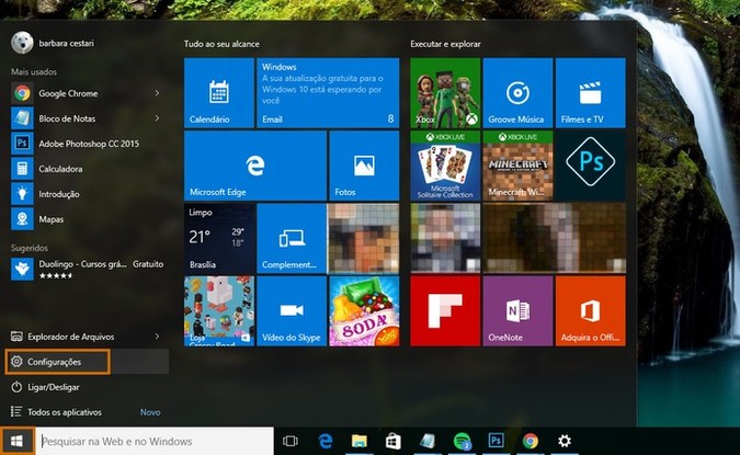 O menu iniciar no computador abre as configurações no Windows 10