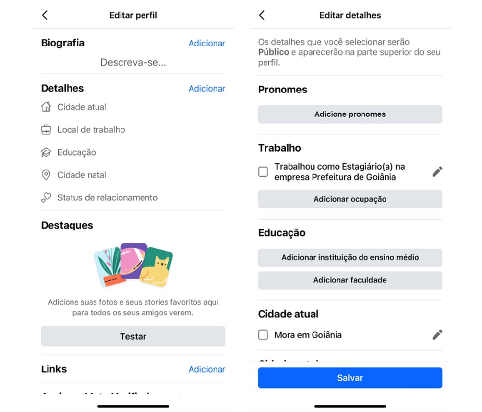 Facebook permite o preenchimento de diversas informações pessoais no perfil em espaços próprios para elas — Foto: Reprodução/Mariana Tralback