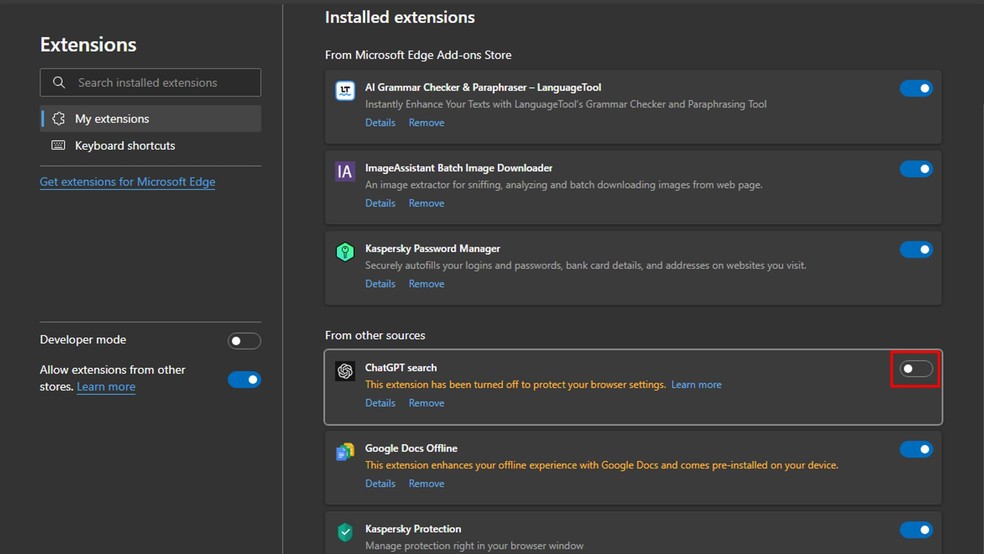 Na aba de Gerenciamento de Extensões, clique no botão de slide do ChatGPT search para ativar a ferramenta — Foto: Reprodução/Daniel Trefilio