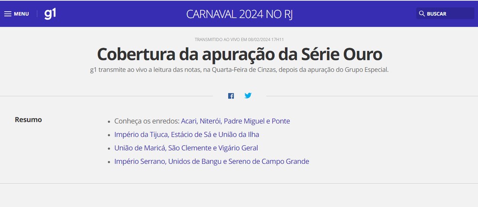 G1's Tempo Real homepage about Carnival RJ 2024 — Photo: Reproduction/Yuri Neri