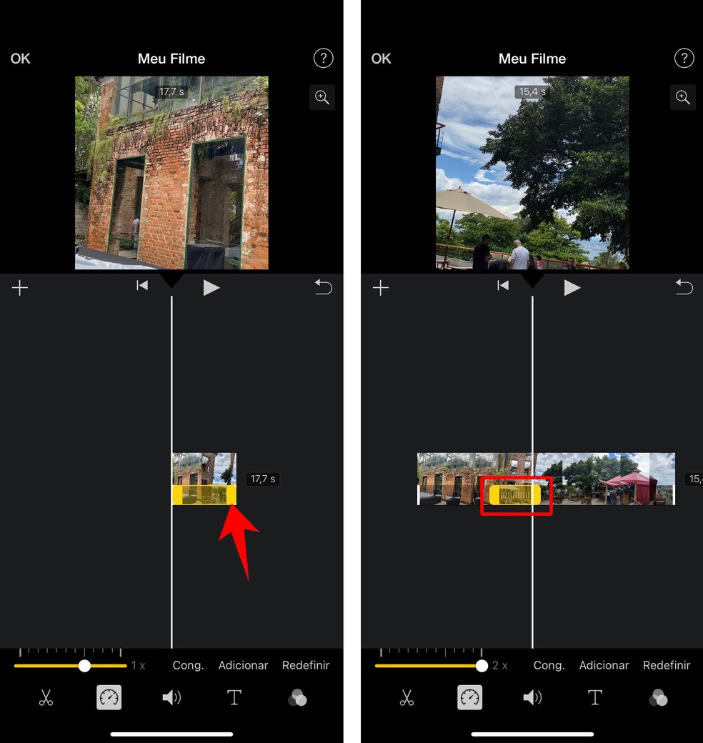 iMovie permite acelerar trecho específico de vídeo no iPhone (iOS) — Foto: Reprodução/Rodrigo Fernandes