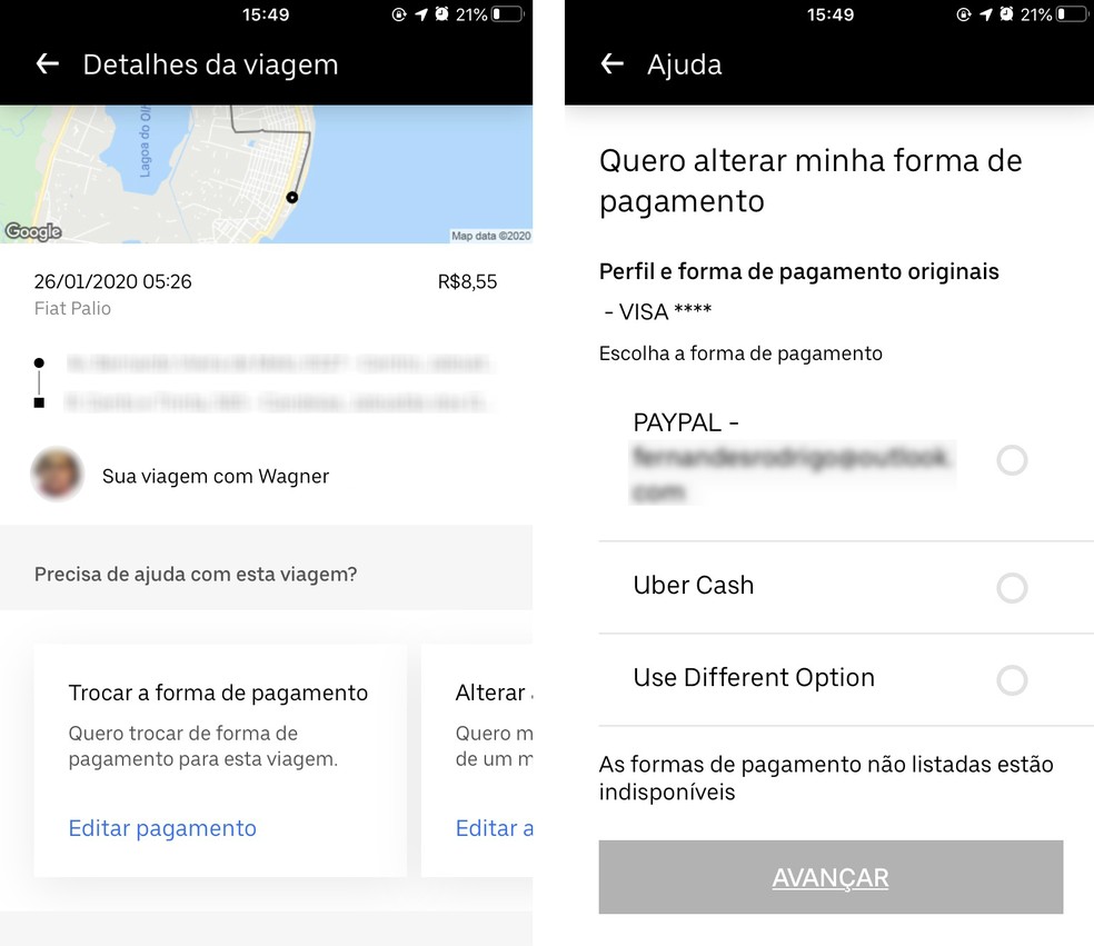 Uber permite trocar a forma de pagamento de viagens feitas anteriores — Foto: Reprodução/Rodrigo Fernandes
