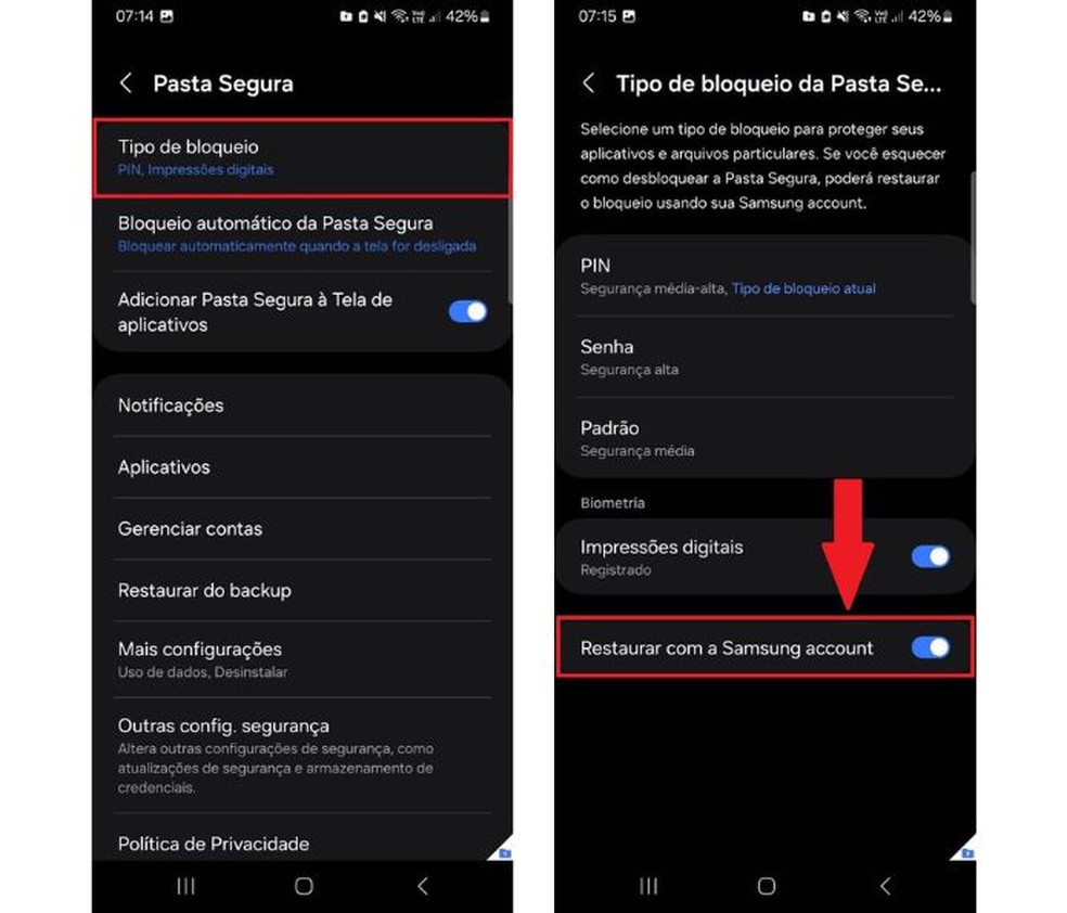 Ative a conta Samsung para recuperar o acesso à Pasta Segura — Foto: Reprodução/Diego Cataldo
