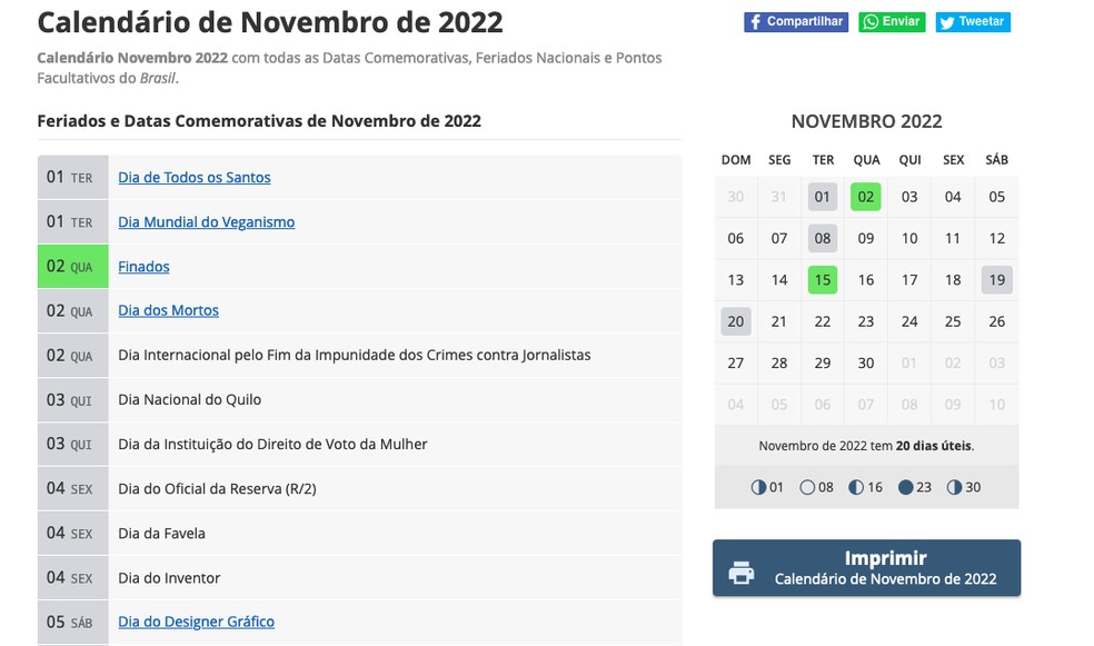 Feriados em novembro de 2022: veja sites de calendário para conferir