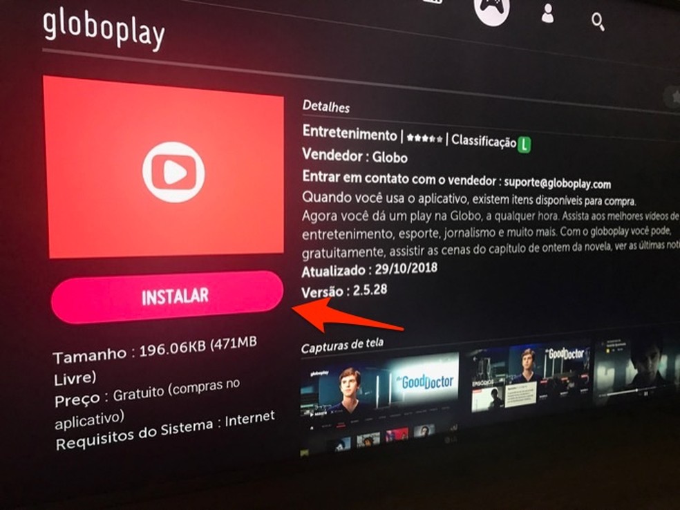 Ação para baixar o Globoplay na loja de aplicativos de uma smart TV — Foto: Reprodução/Marvin Costa