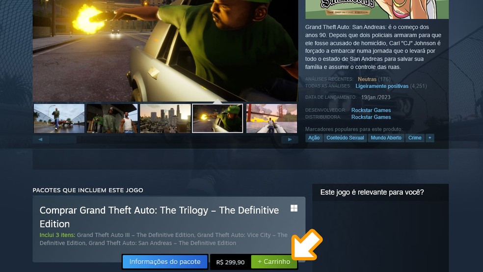 Na página de Grand Theft Auto: San Andreas - The Definitive Edition na loja digital Steam clique em "+ Carrinho" e finalize a compra de GTA: The Trilogy - Definitive Edition para poder baixar GTA: San Andreas — Foto: Reprodução/Rafael Monteiro