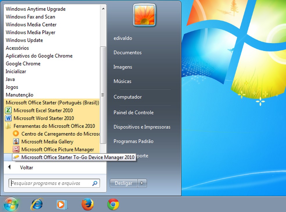 Acessando o recurso Microsoft Office Starter Portátil pelo menu Iniciar (Foto: Reprodução/Edivaldo Brito) — Foto: TechTudo