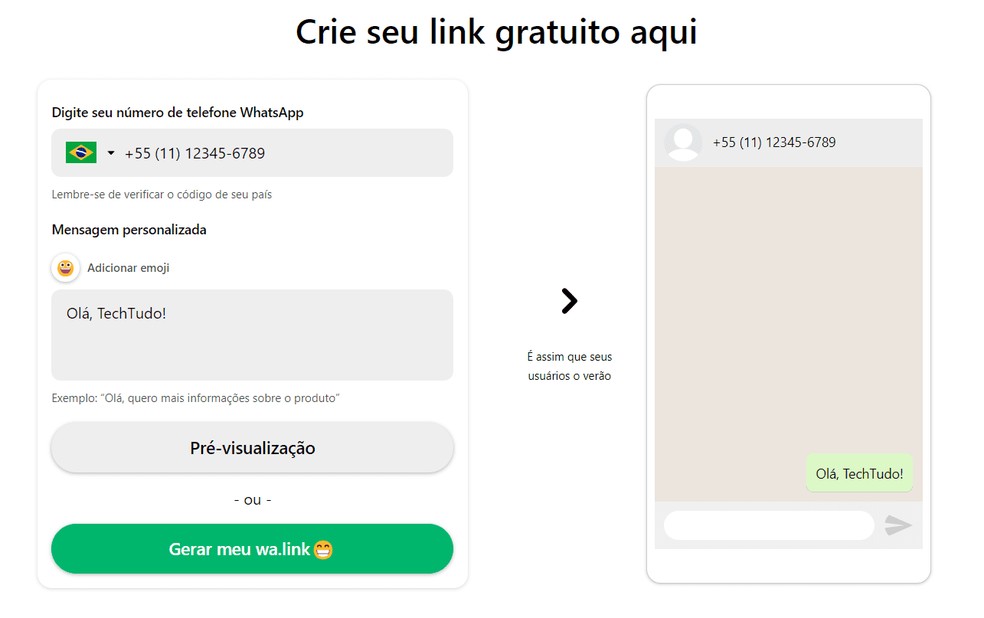 Como criar link do WhatsApp com o Walink — Foto: Reprodução/Bruno Guerra