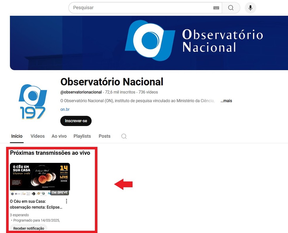 Acesse o canal do YouTube do Observatório Nacional para ver o eclipse — Foto: Reprodução/Thaisi Carvalho