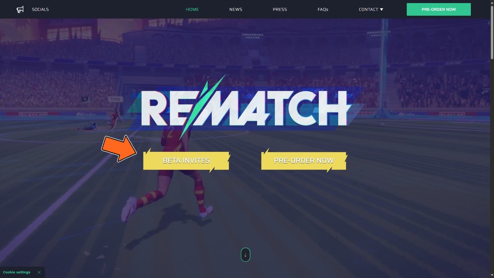 Na página oficial de Rematch, clique em "Beta invites" para preencher o formulário de interesse — Foto: Reprodução/Bruno Magalhães