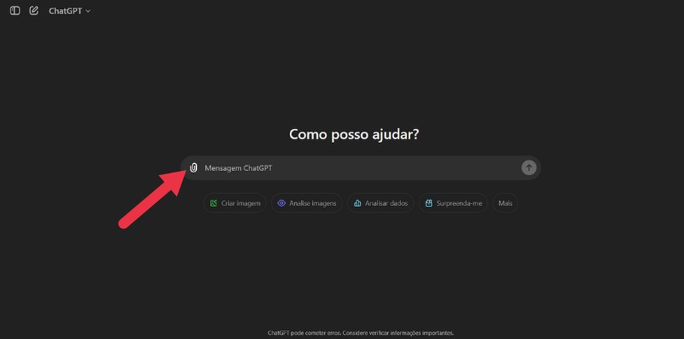 Clique no clips para anexar um arquivo PDF — Foto: Reprodução/ChatGPT