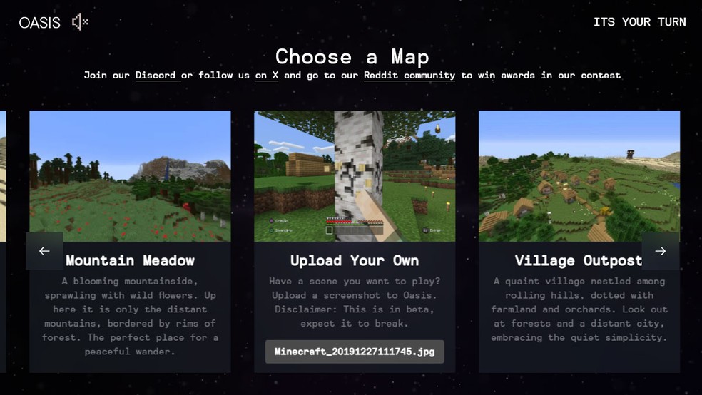 Jogadores podem testar a Oasis em cenários preestabelecidos de Minecraft ou enviar sua própria foto para testar o sistema — Foto: Reprodução/Decart